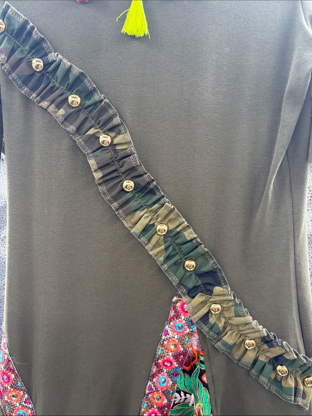 Angela Mele Milano Olive Green Embellished Women's Dress with Tassel Detail - Picture 4 of 9